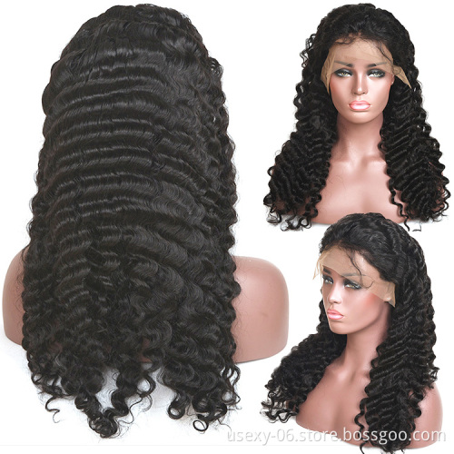free shipping natural human hair wigs 250 density full frontal lace wig transparent lace deep wave closure wig with baby hair